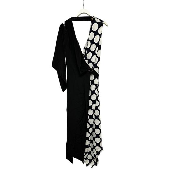 Awake A.W.A.K.E. V-Neck Draped One-Sleeve Asymmetric Polka-Dot Dress - Picture 3 of 15